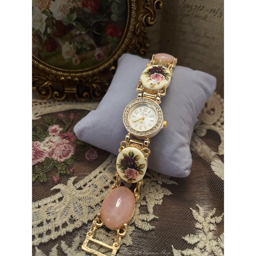 Vintage Rose Quartz Floral Bracelet Watch | Handmade Repurposed Gold Tone Unique